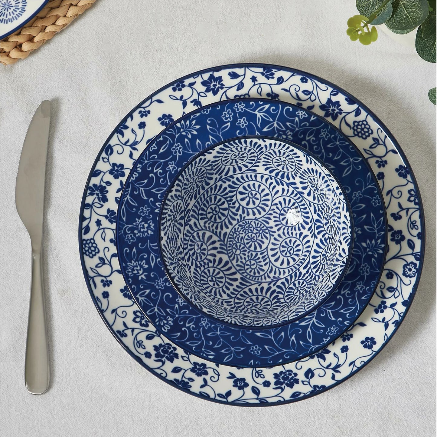 12pcs Vintage Blue Plates and Bowls Set