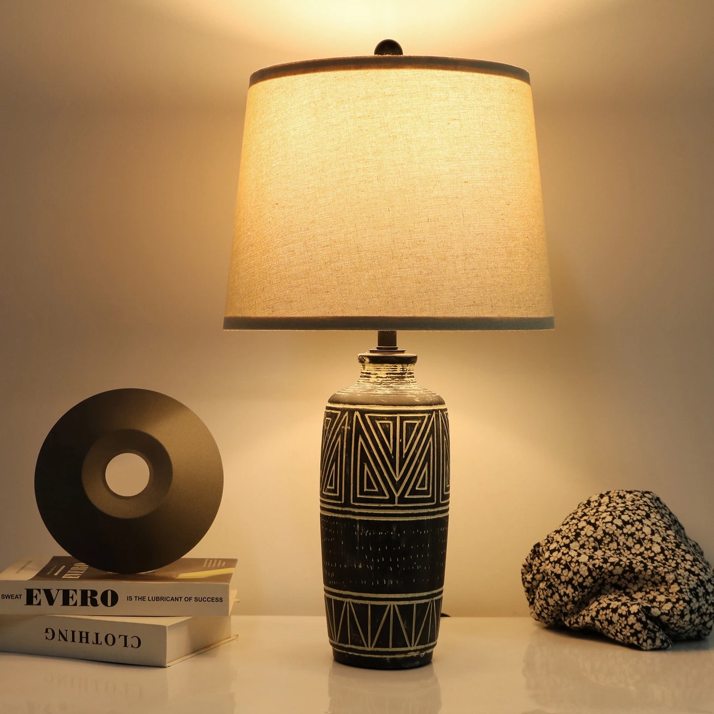 2 Pack Carved Geometric Ceramic Table Lamp