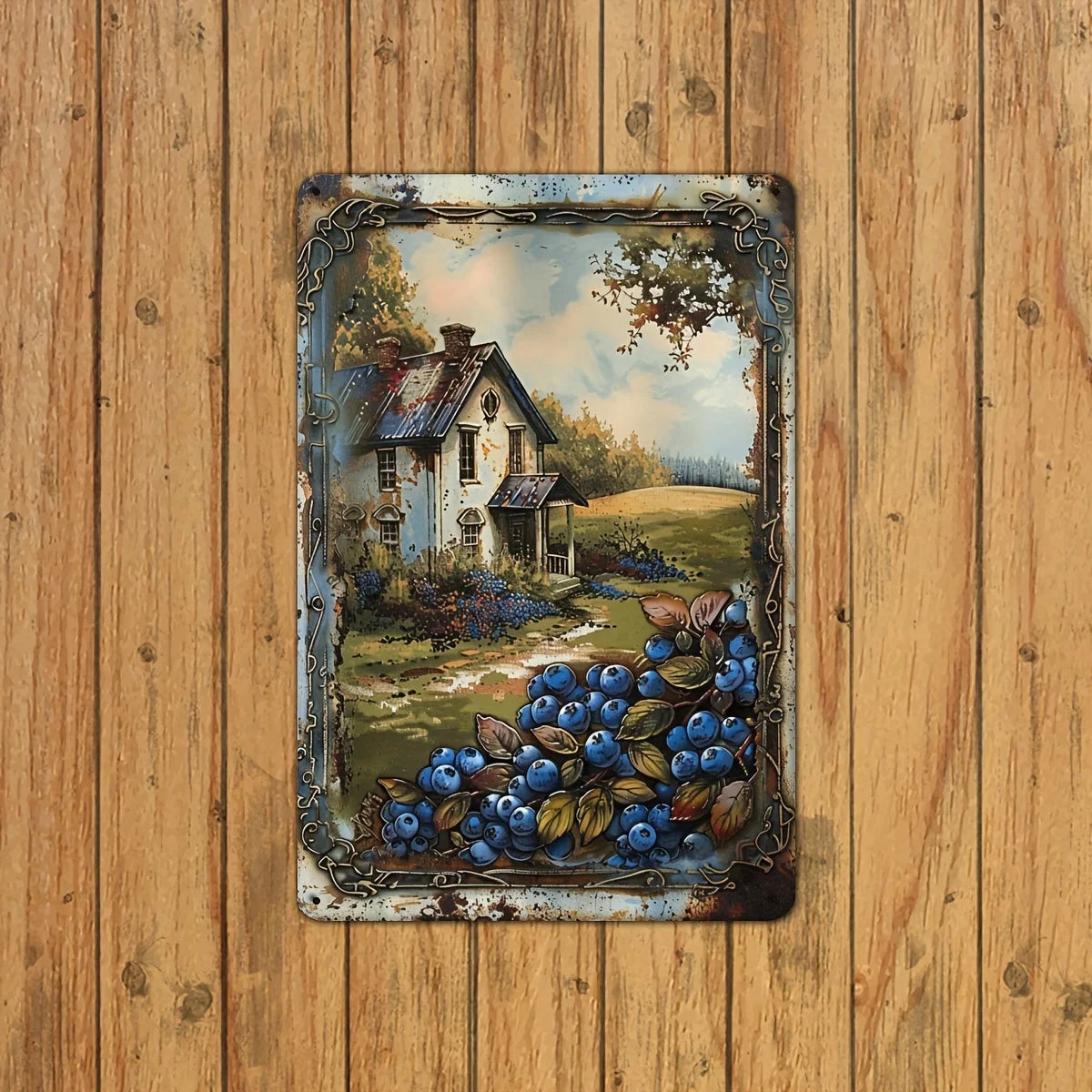 Retro Blueberry Cottage Tin Painting
