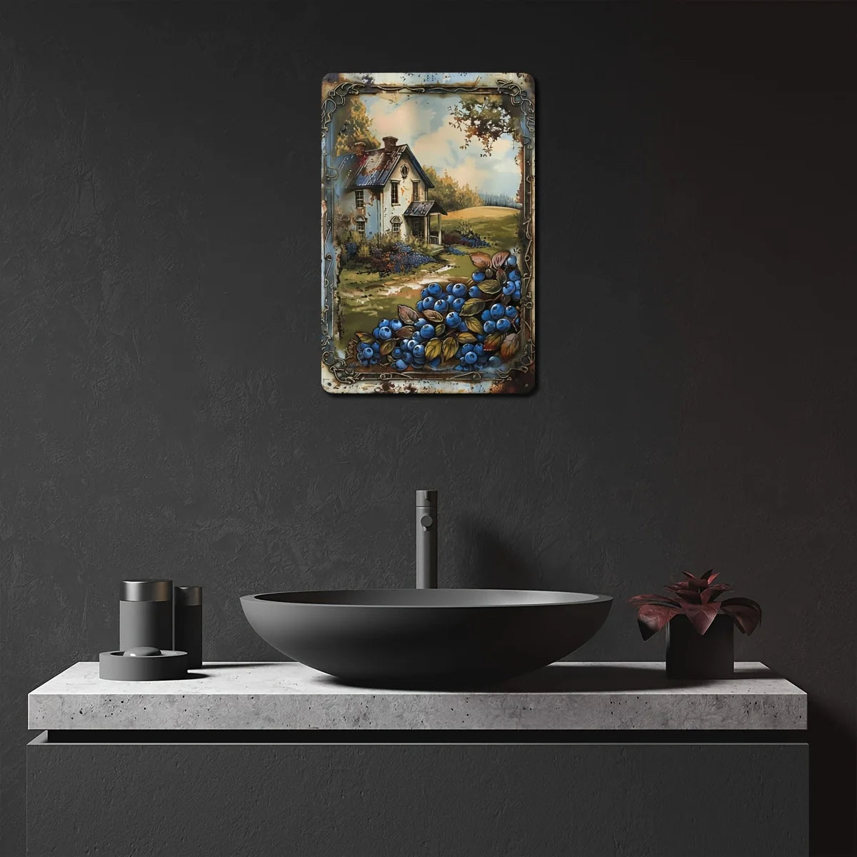 Retro Blueberry Cottage Tin Painting