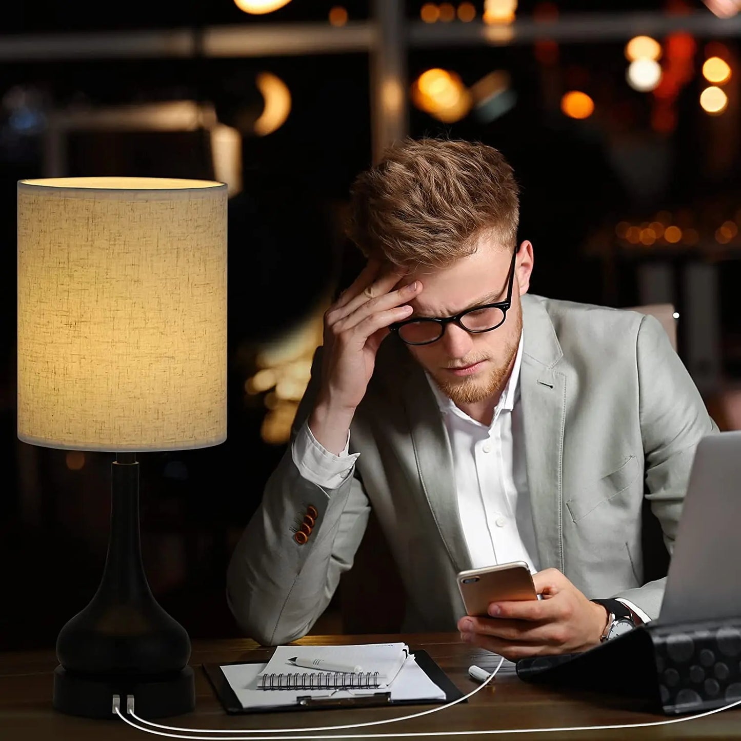 Set of 2 Table Lamps with Touch Control and USB Charging Ports