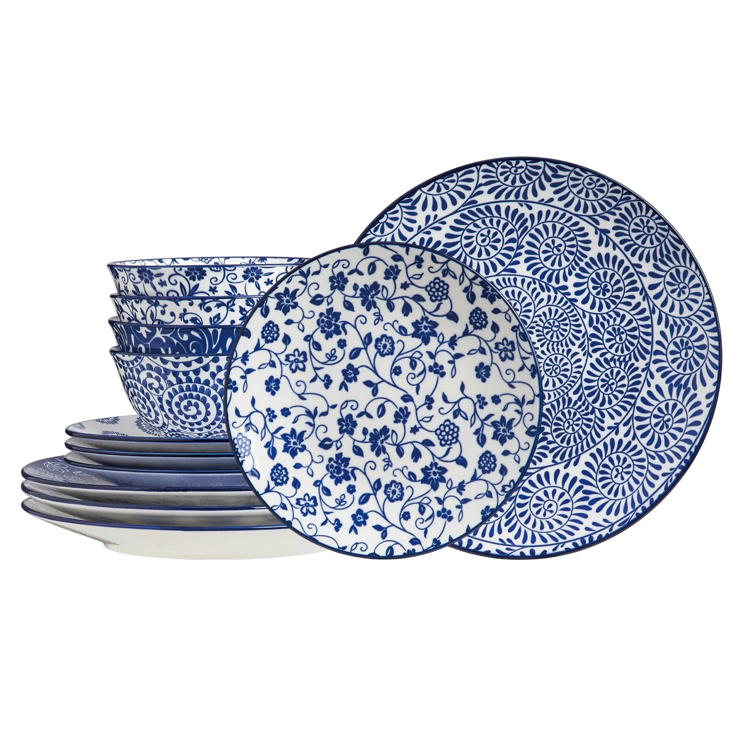 12pcs Vintage Blue Plates and Bowls Set