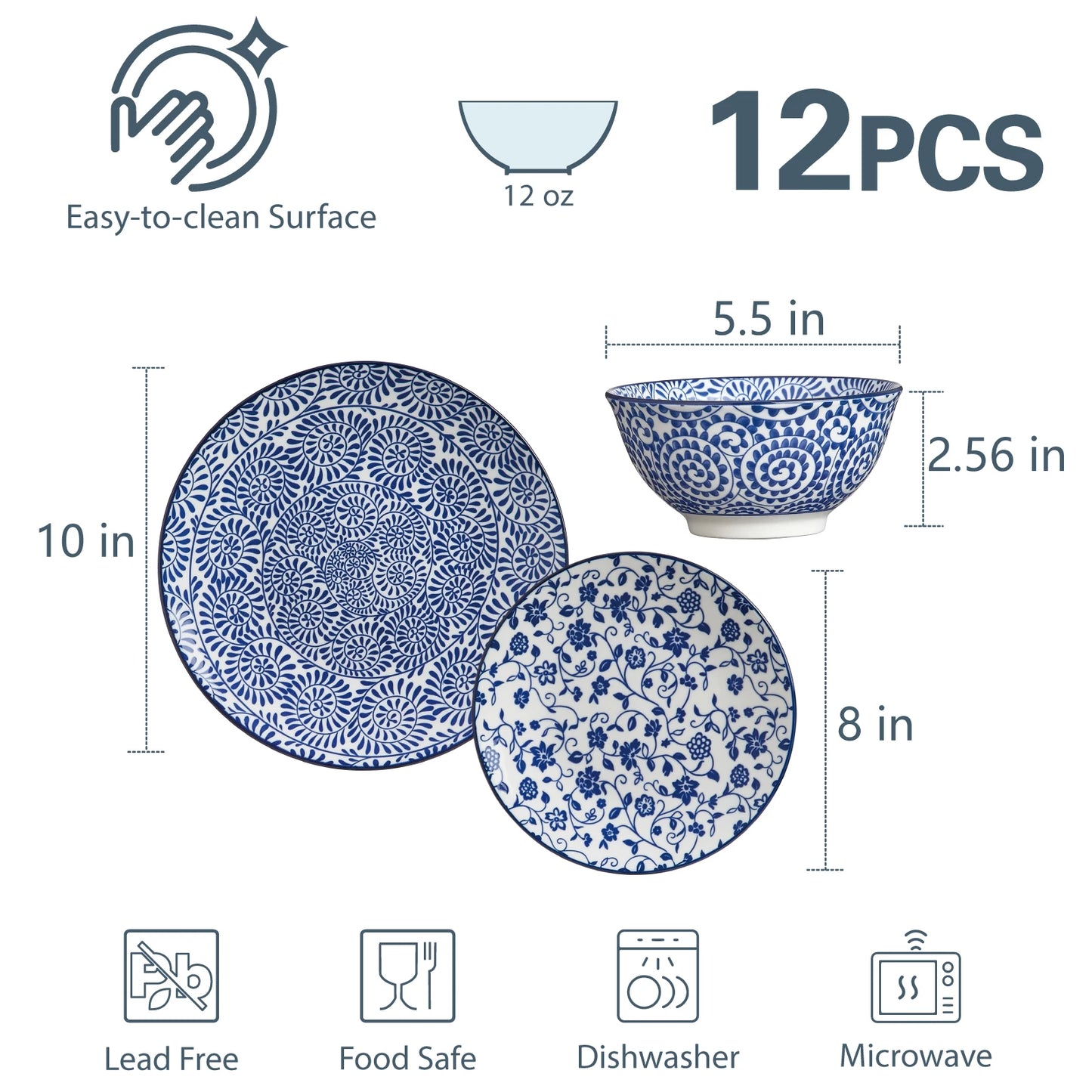 12pcs Vintage Blue Plates and Bowls Set