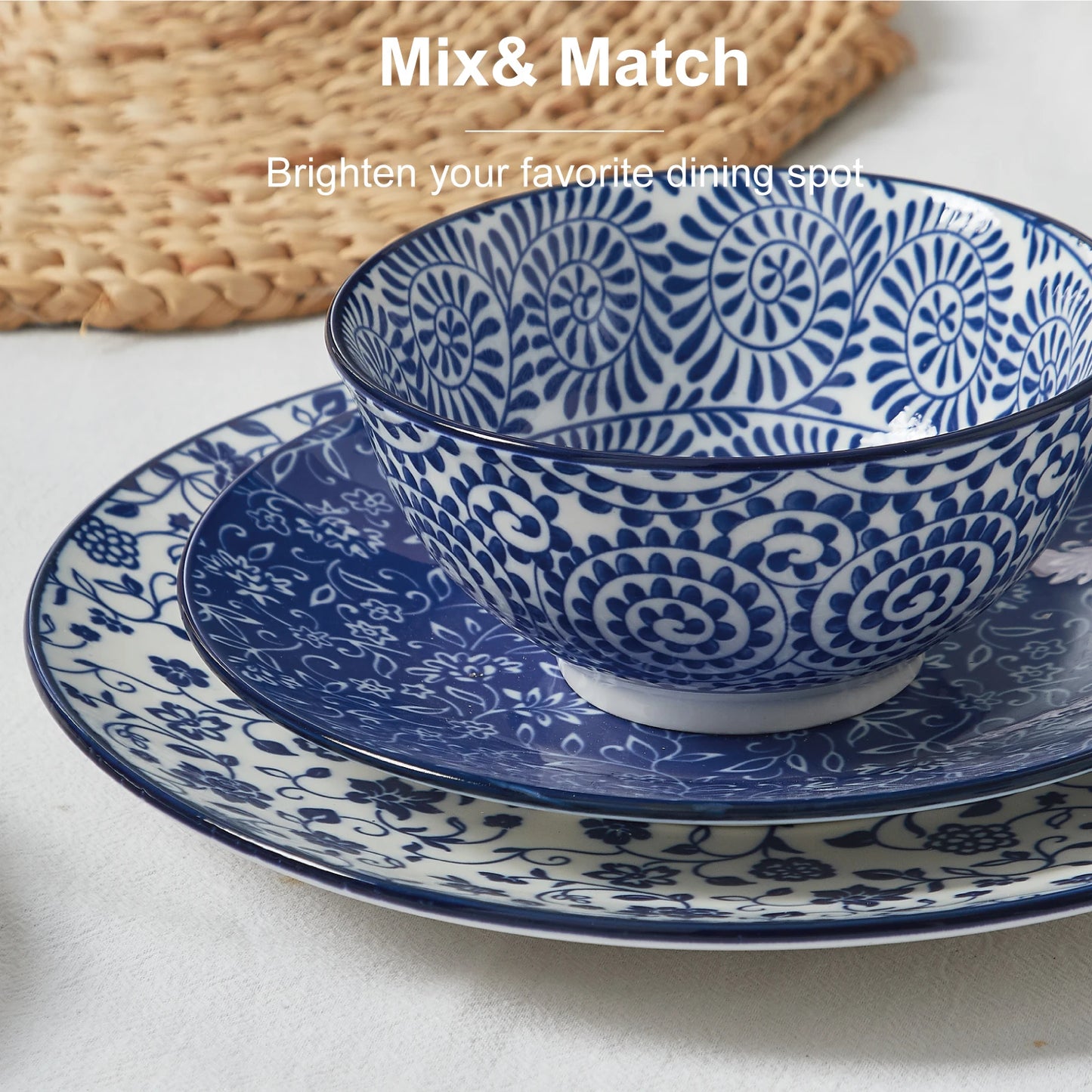 12pcs Vintage Blue Plates and Bowls Set