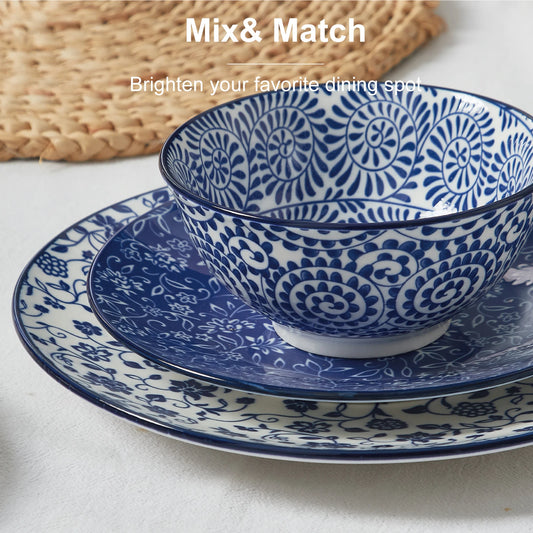 12pcs Vintage Blue Plates and Bowls Set