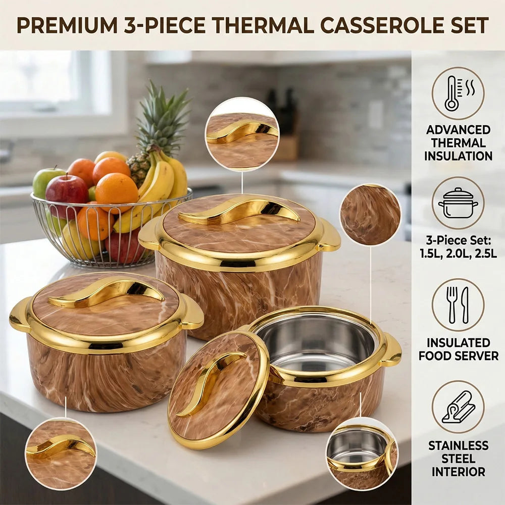 3Pcs Brown Marble Insulated Casserole Set