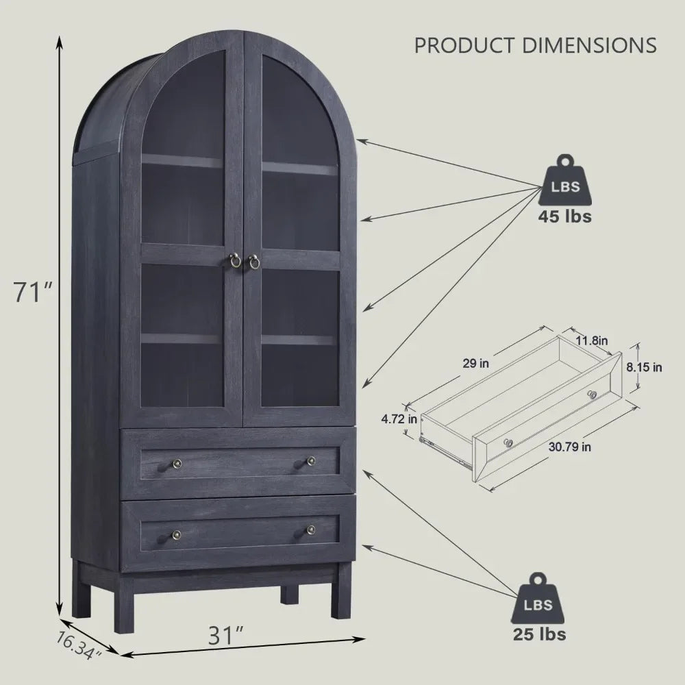 71" Tall Arched Kitchen Pantry Cabinet, Wood Kitchen Storage Cabinets with 2 Large Drawers and Adjustable Shelves16.34Dx31Wx71H