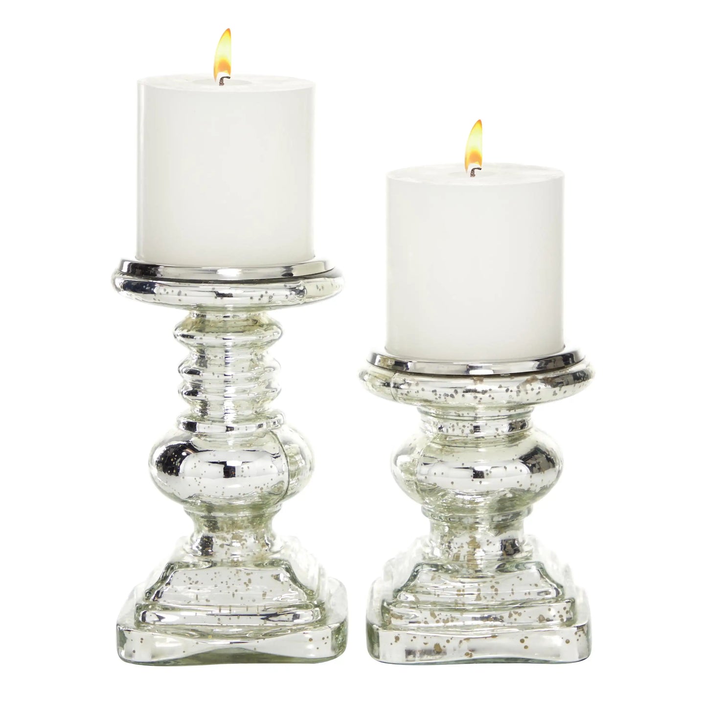 Handmade Silver Glass Pillar Candle Holder, Set of 2