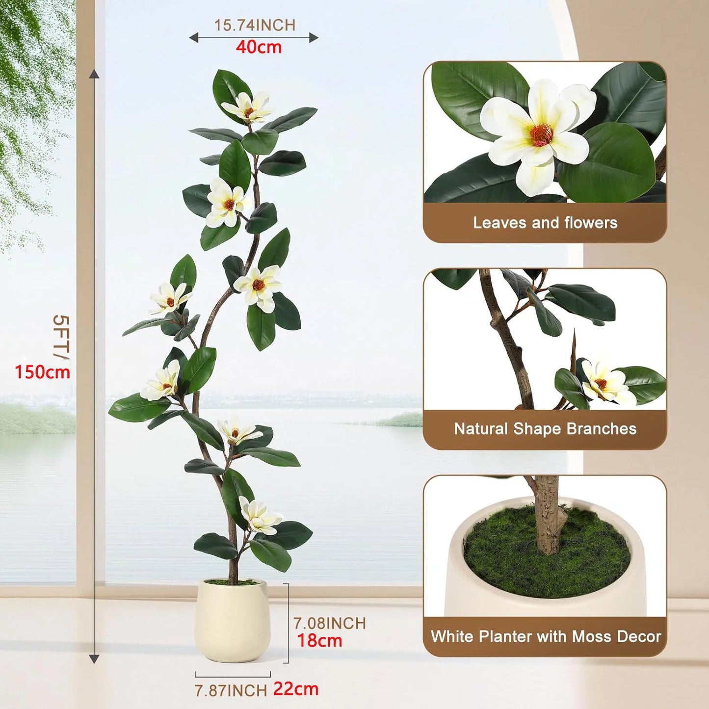 Artificial Rubber Tree with Magnolia Flowers