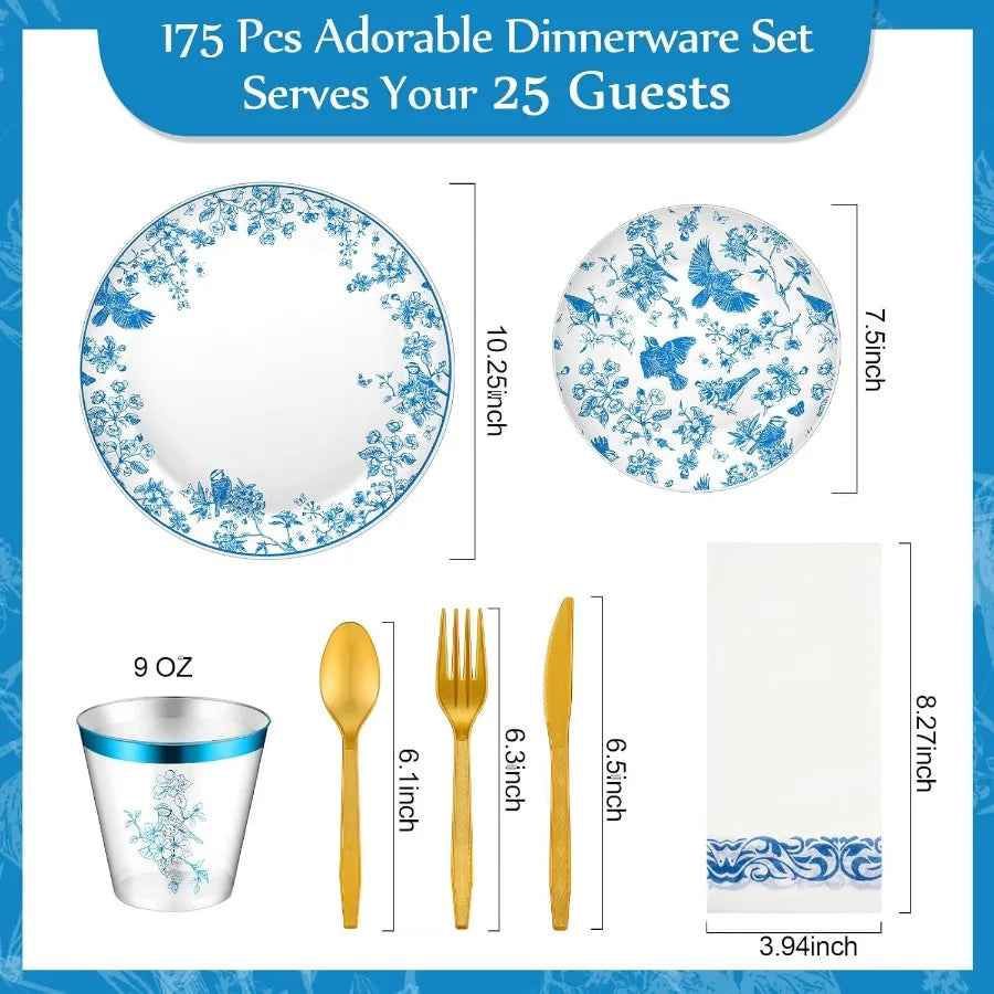 175Pcs Floral Plastic Disposable Plates