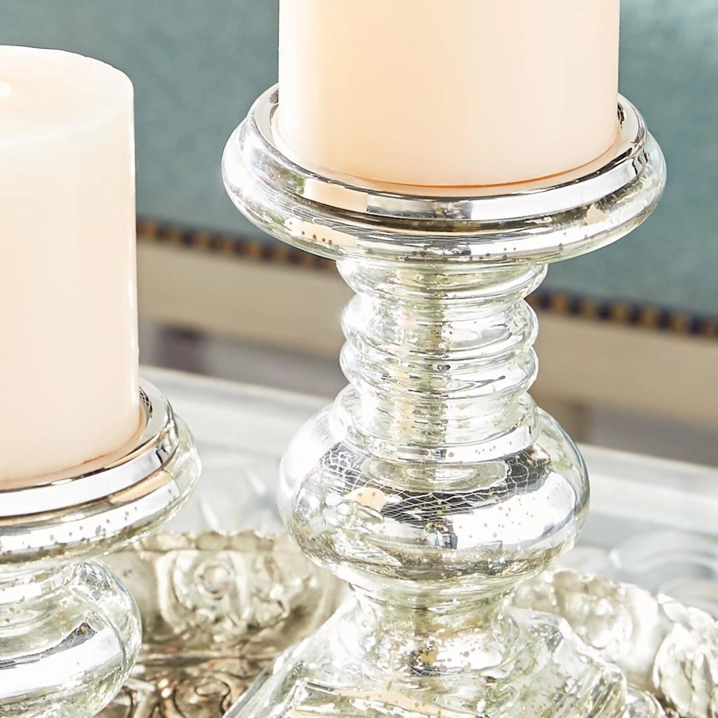 Handmade Silver Glass Pillar Candle Holder, Set of 2