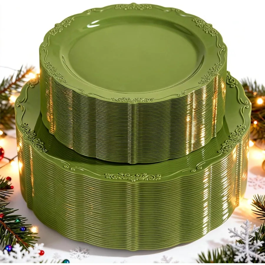 100 Pcs Olive Green Plastic Plates