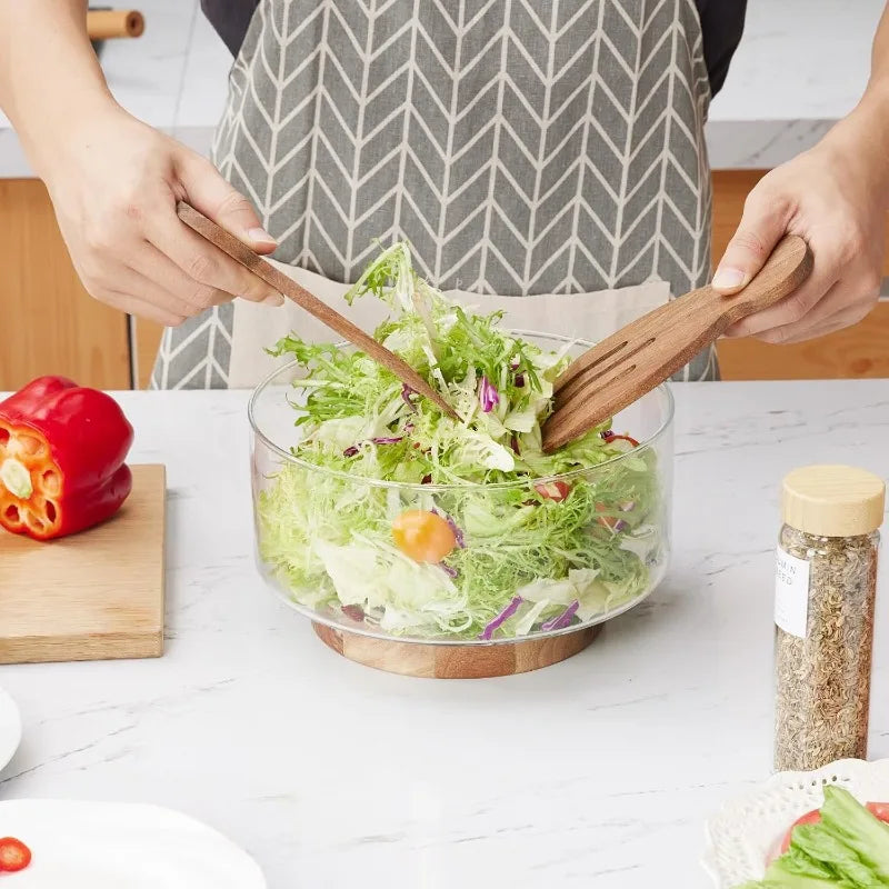 Large Glass Salad Bowl w/Acacia Wood Base and Salad Hands