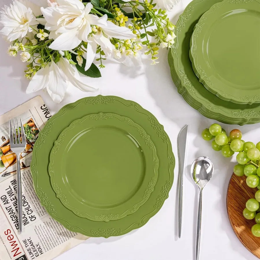100 Pcs Olive Green Plastic Plates