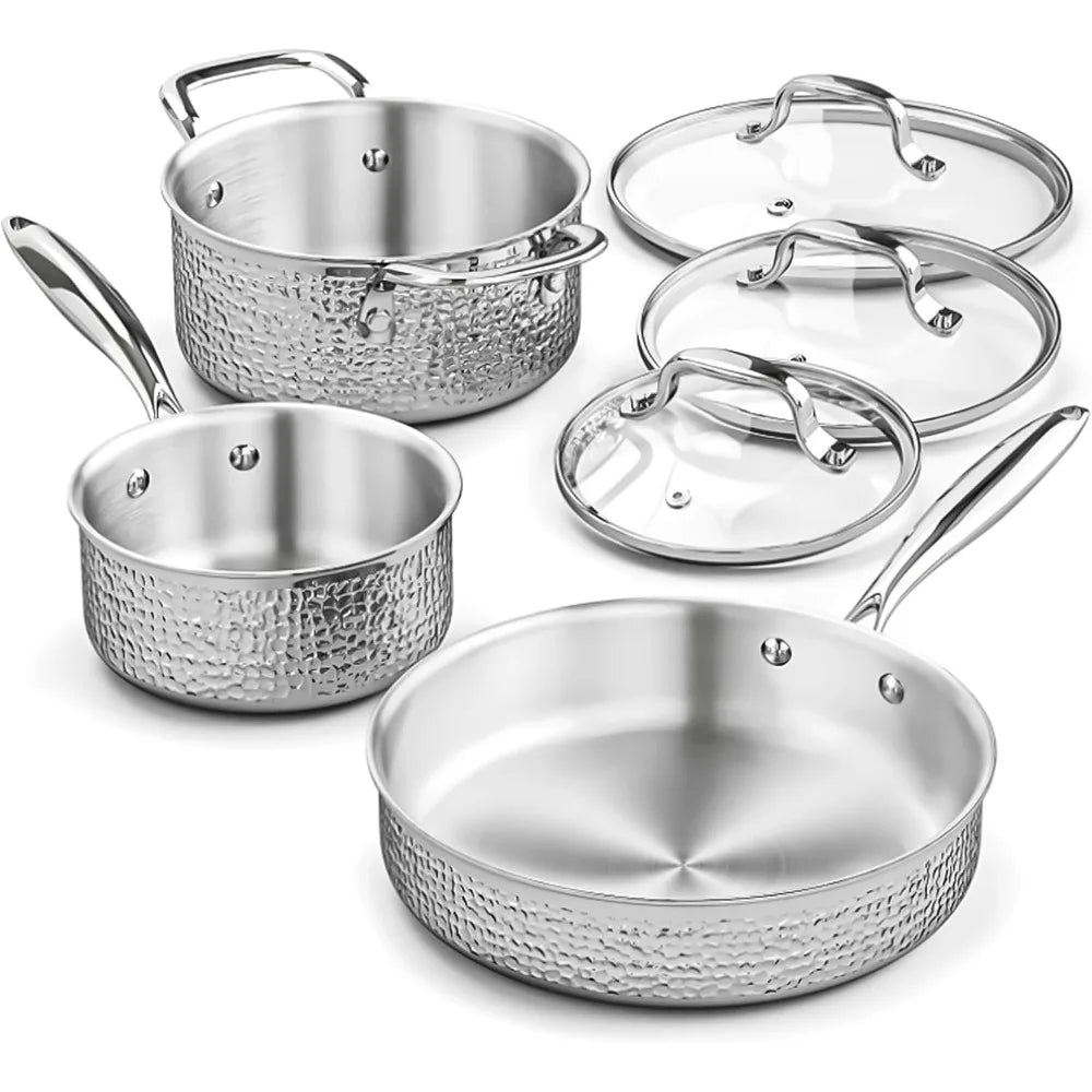 Stainless Steel Hammered Pots and Pans Set with Glass Lids