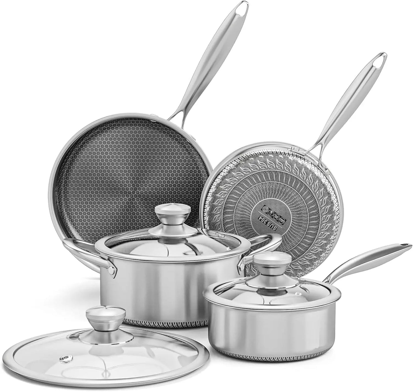 Stainless Steel Hammered Pots and Pans Set with Glass Lids