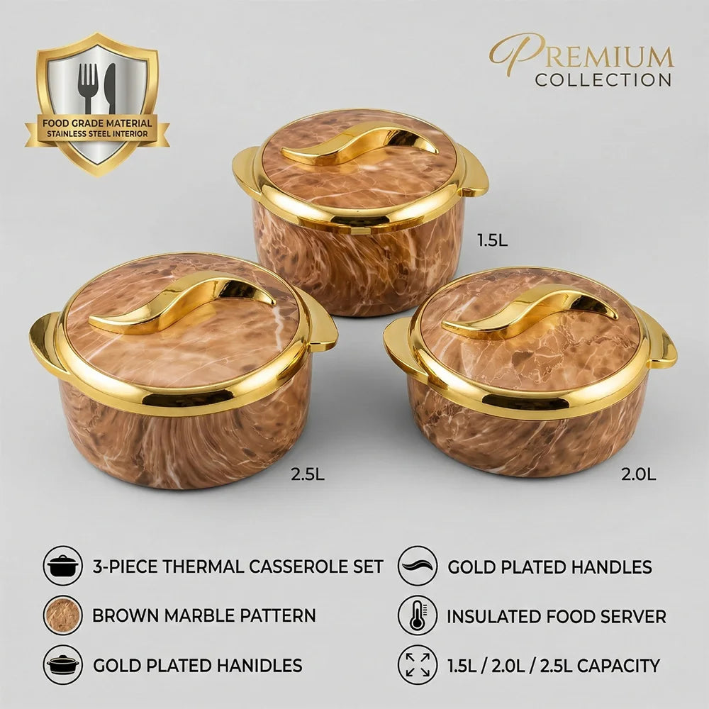 3Pcs Brown Marble Insulated Casserole Set