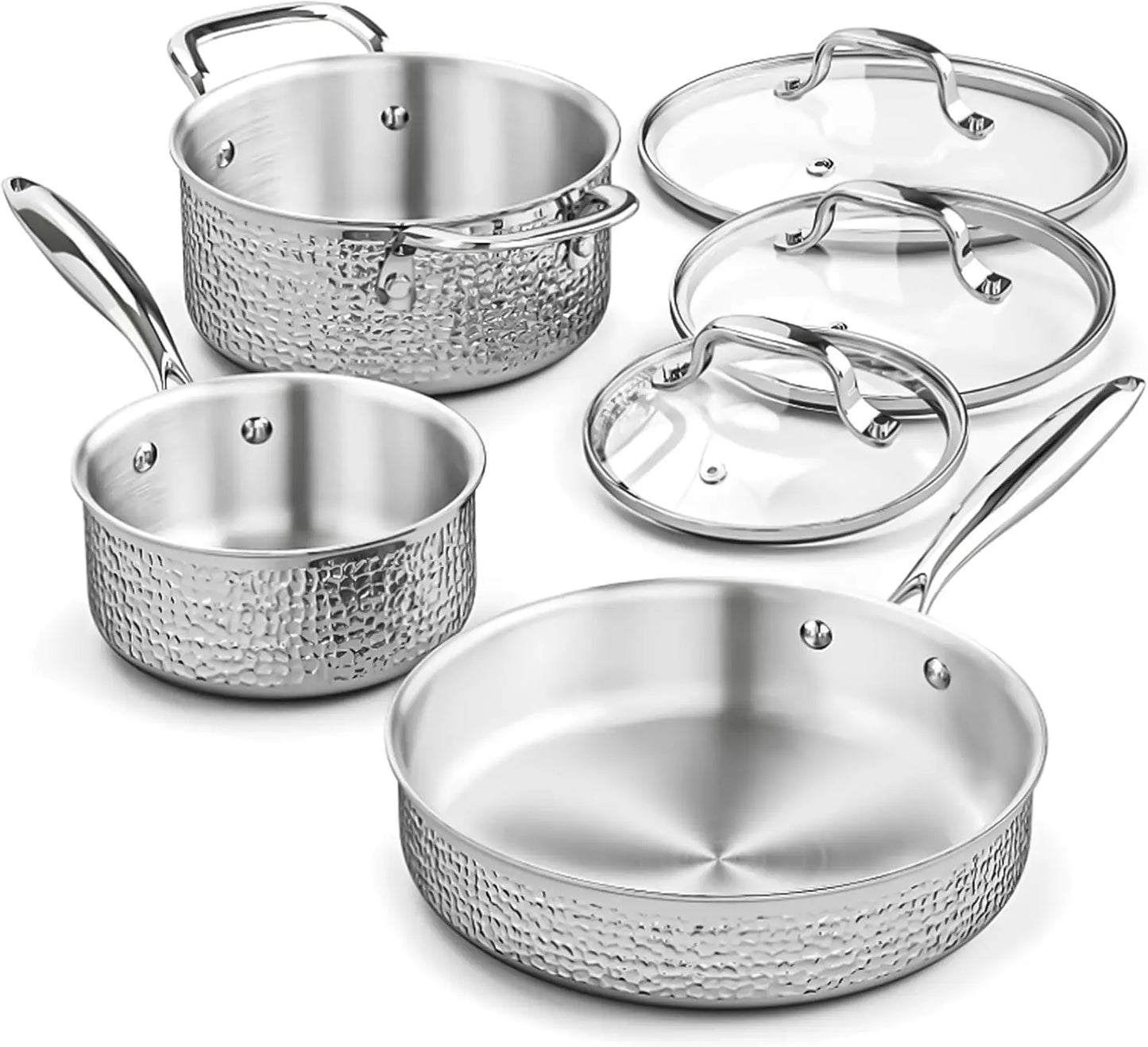 Stainless Steel Hammered Pots and Pans Set with Glass Lids