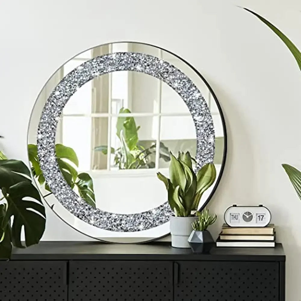 Crystal Crush Diamond Round Silver Mirror