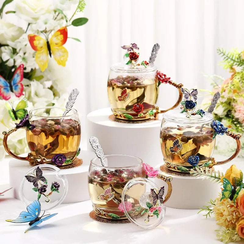 4 Sets Flower Tea Cups with Lids