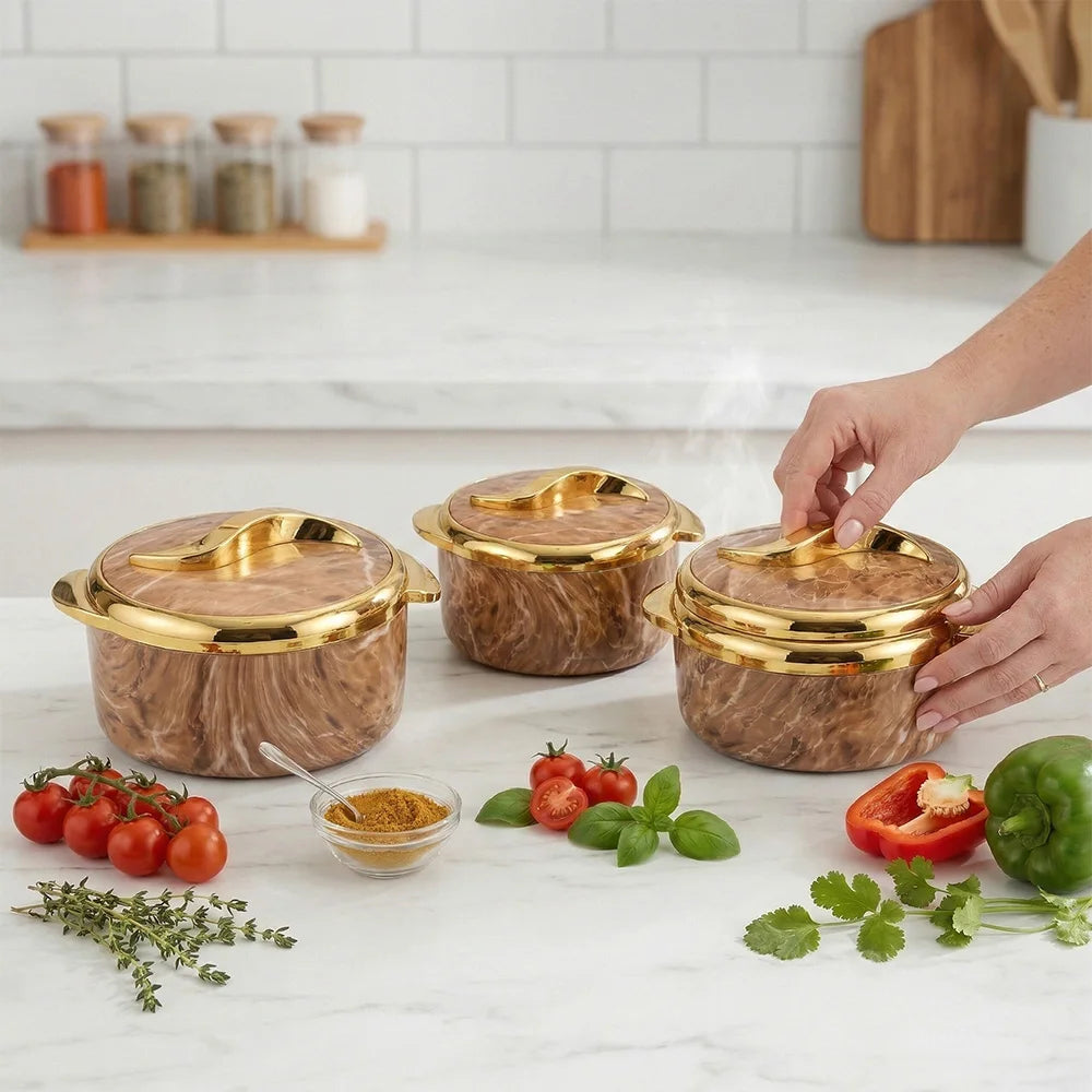 3Pcs Brown Marble Insulated Casserole Set