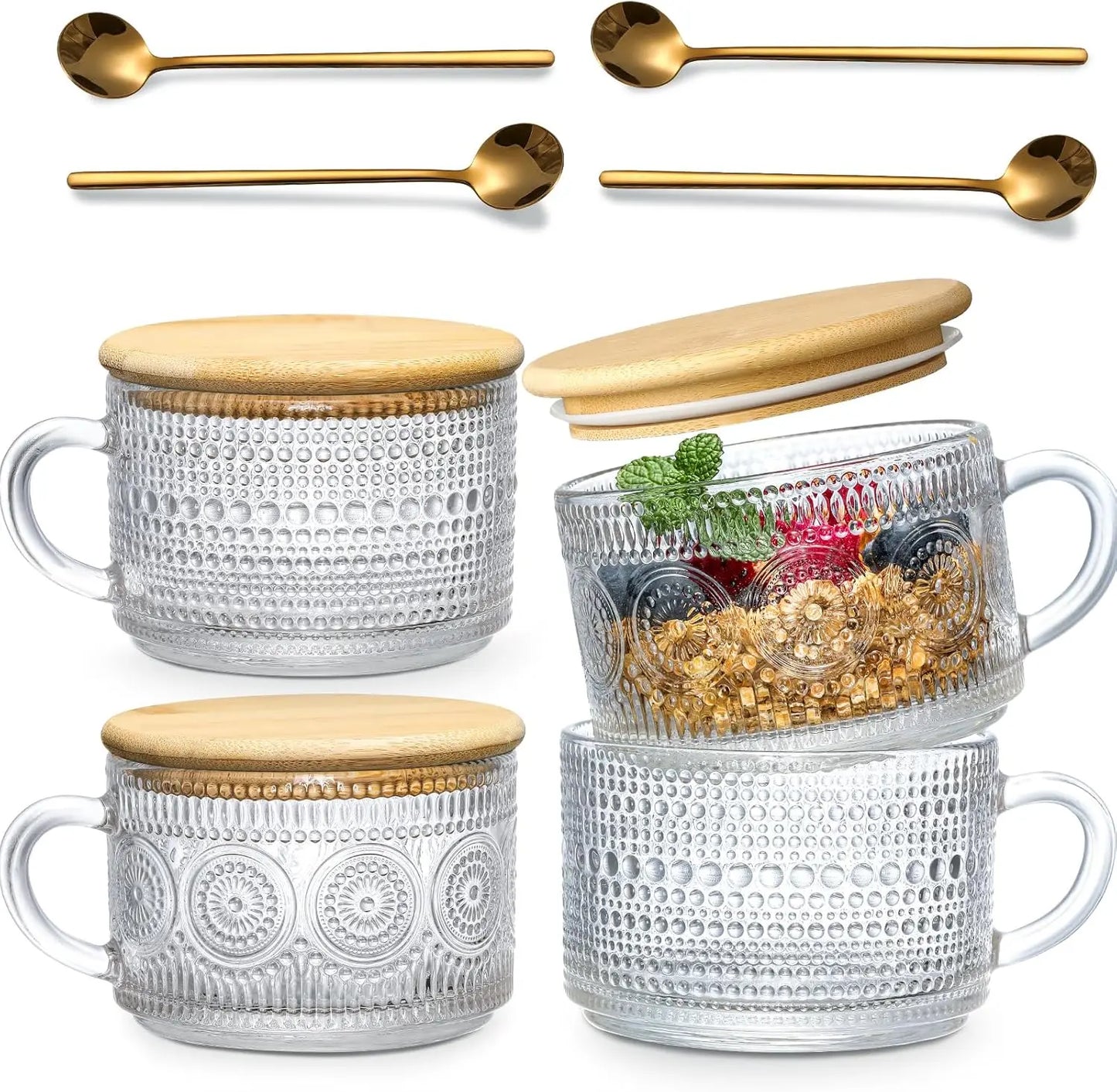 4-piece Set of Glass Cups with Wooden Lids