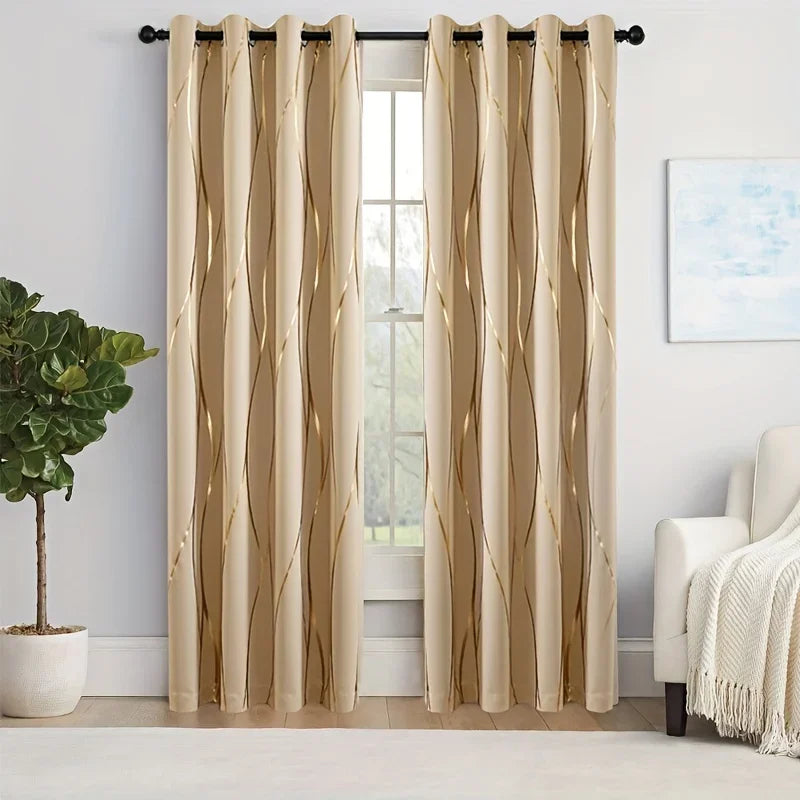 2Pcs Golden Wave & Circle Blackout Curtains