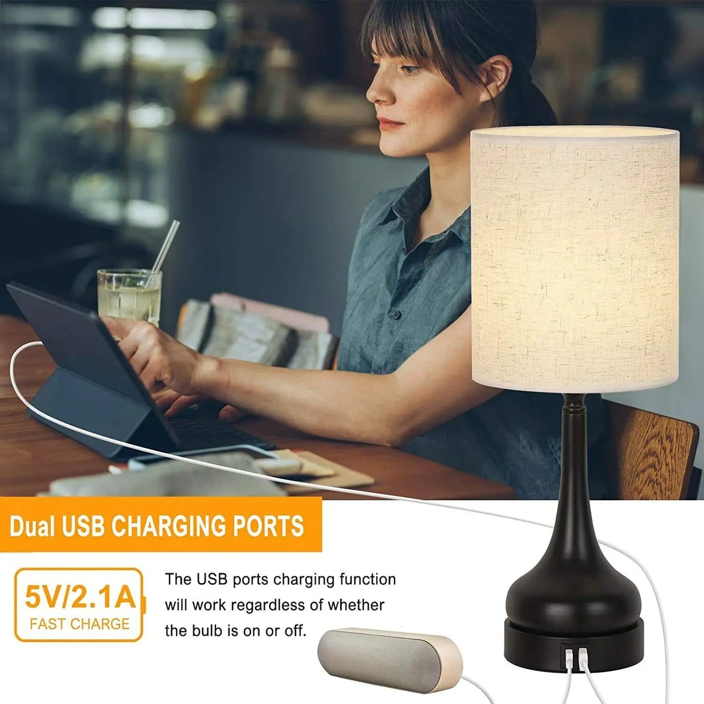 Set of 2 Table Lamps with Touch Control and USB Charging Ports