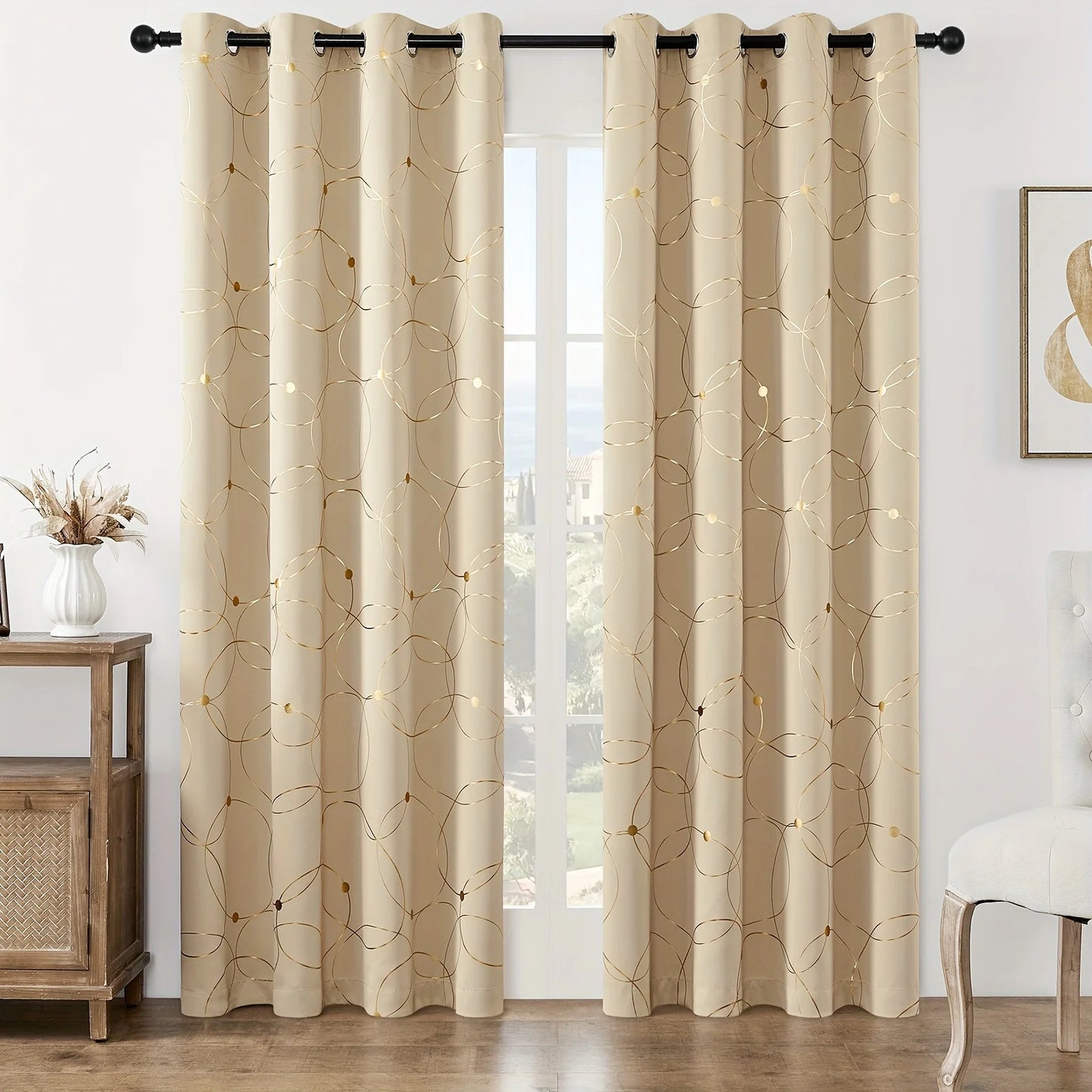 2Pcs Golden Wave & Circle Blackout Curtains