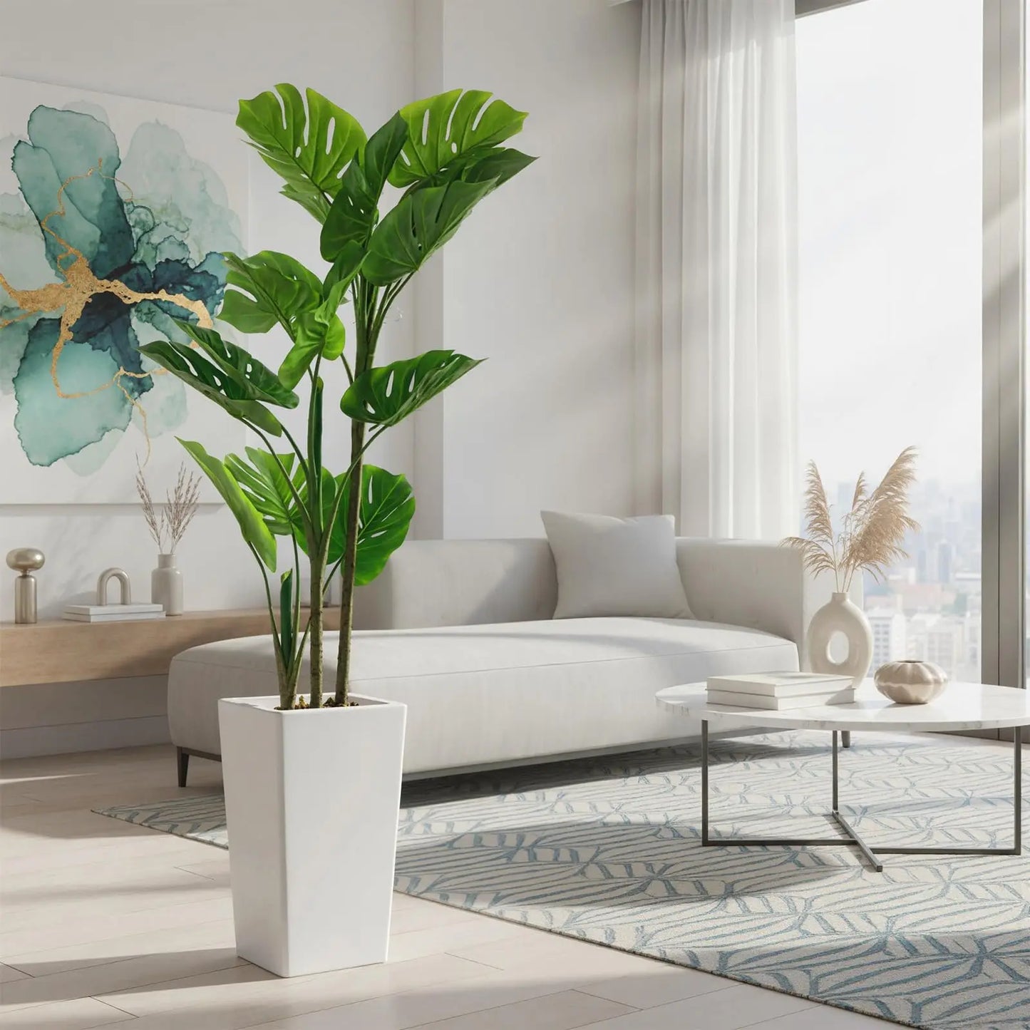Monstera Plant with Tall White Planter