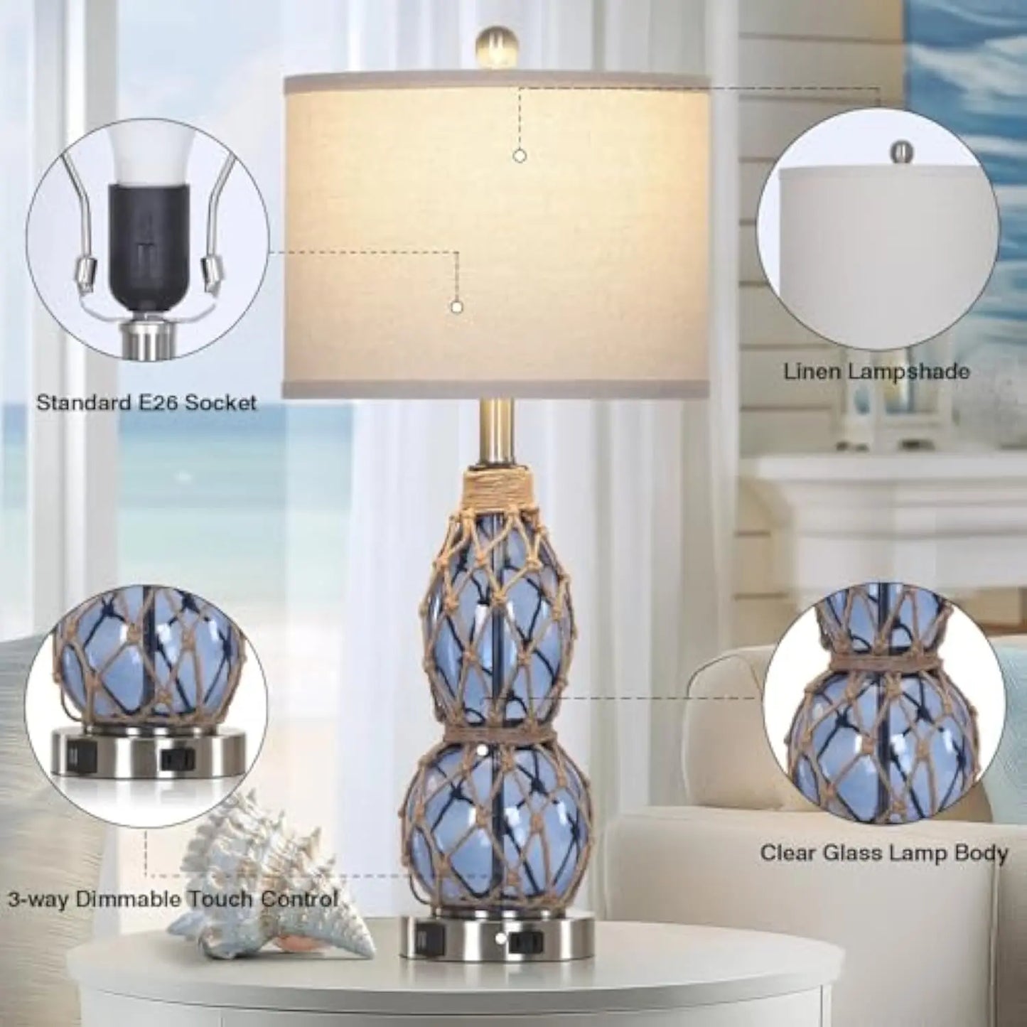 Coastal Glass Table Lamps Set of 2