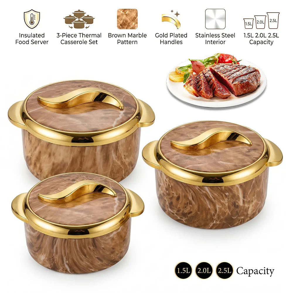 3Pcs Brown Marble Insulated Casserole Set