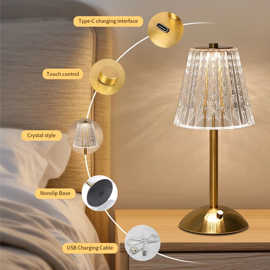 LED Table Lamp Touch Sensor Dimmable Desktop Night Light Rechargeable Wireless Reading Lamp for Hotel Bar Bedroom Decor Light