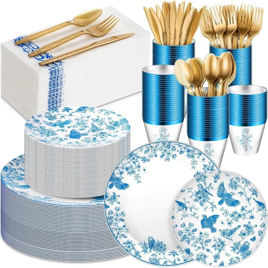 175Pcs Floral Plastic Disposable Plates