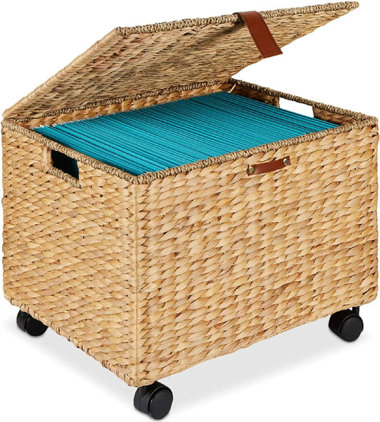 Water Hyacinth Rolling Filing Cabinet/Mobile Storage Basket