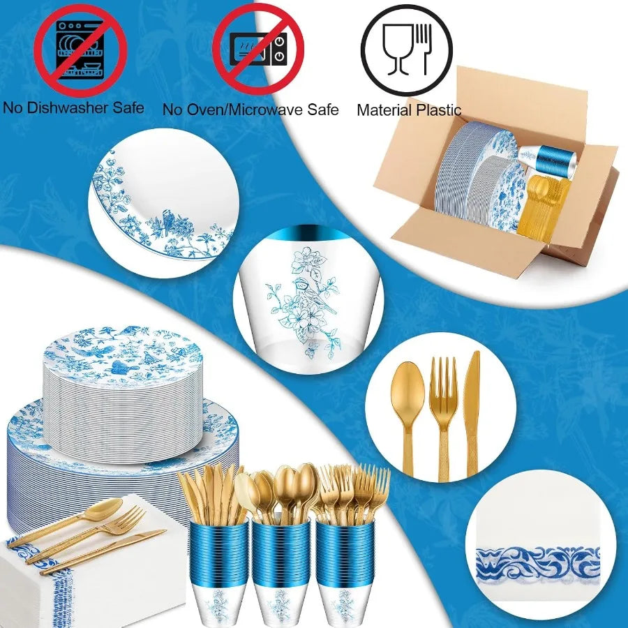 175Pcs Floral Plastic Disposable Plates
