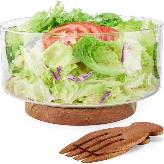 Large Glass Salad Bowl w/Acacia Wood Base and Salad Hands