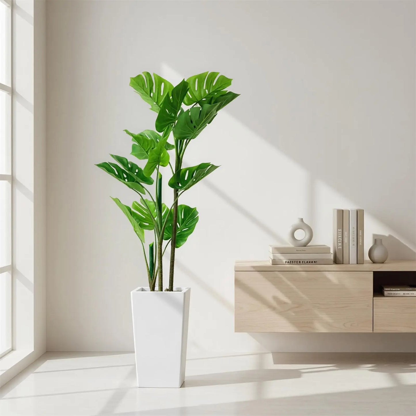 Monstera Plant with Tall White Planter