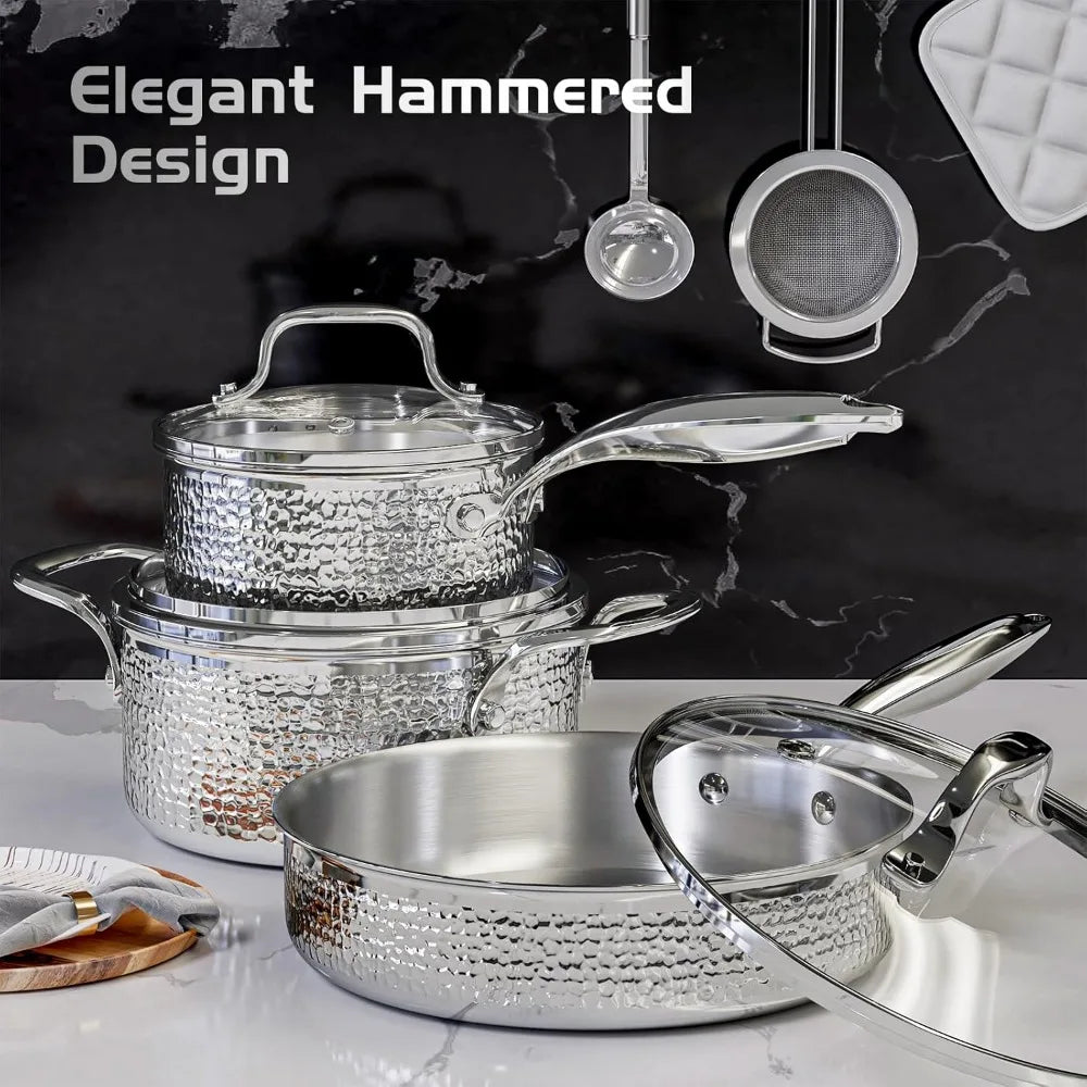 Stainless Steel Hammered Pots and Pans Set with Glass Lids