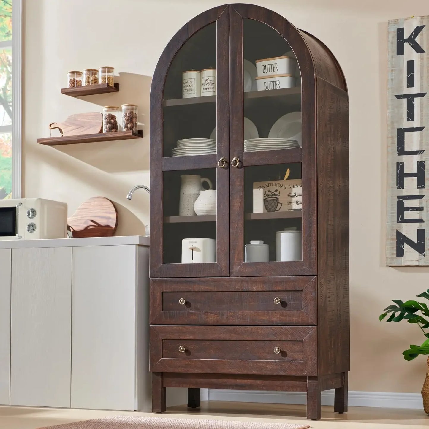 71" Tall Arched Kitchen Pantry Cabinet, Wood Kitchen Storage Cabinets with 2 Large Drawers and Adjustable Shelves16.34Dx31Wx71H