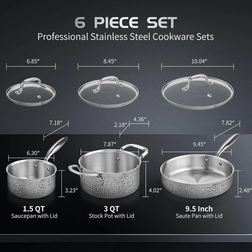 Stainless Steel Hammered Pots and Pans Set with Glass Lids