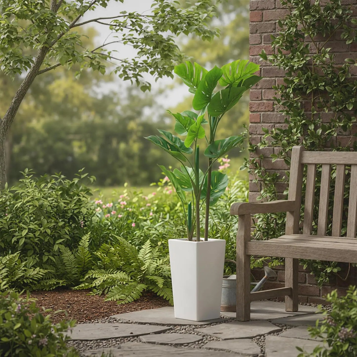 Monstera Plant with Tall White Planter